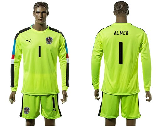 Austria #1 Almer Shiny Green Goalkeeper Long Sleeves Soccer Country Jersey - Click Image to Close